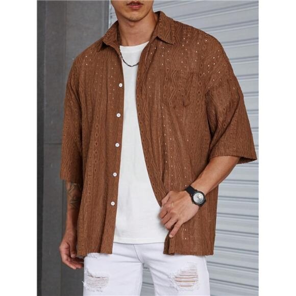 Loose-Fit Men's Solid Color Drop Shoulder Shirt Stylish Top T shirt for Man - Picture 6 of 6